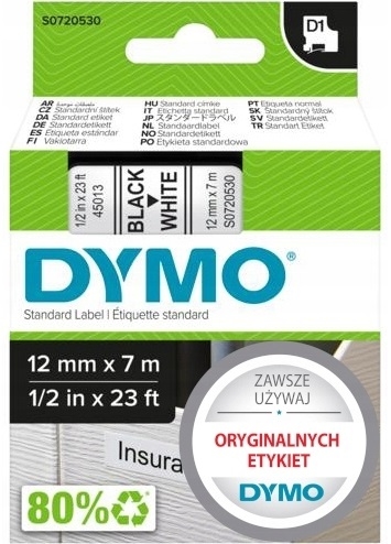 Taśma Dymo D1 45013, S0720530 12mm x 7m czarny na białym