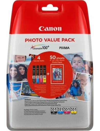 Zestaw Canon Photo Value Pack tusze CLI-551 BK/CY/MG/YL + papier foto 50 ark. 10x15cm