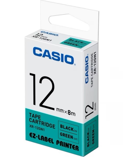 Taśma do drukarek etykiet, Casio, XR-12GN1, czarny druk/zielony podkład, nielaminowany, 8m, 12mm