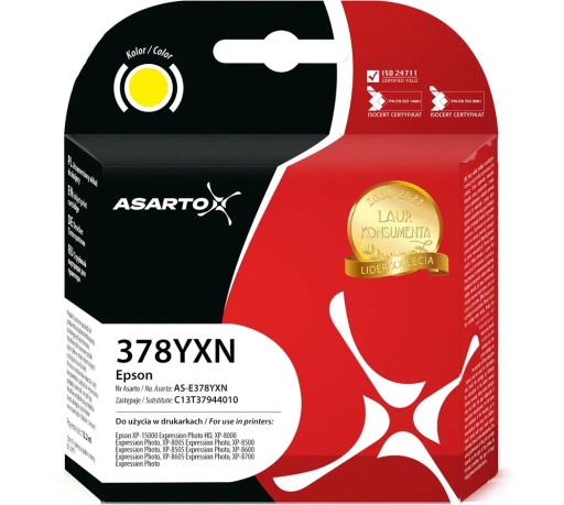 Tusz Asarto 378XL do Epson Expression Photo XP-8000/8005 8500/8505 8600/8605 8700, HD XP-15000 żółty 13,2ml